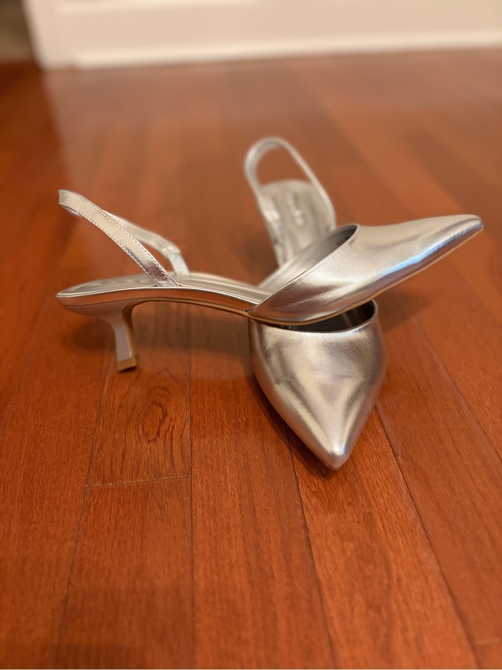 Open Edit | Pointed Metallic Slingback Kitten Heels in Silver